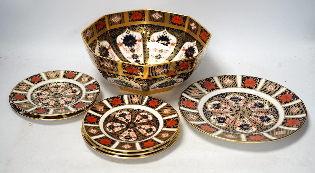 A Royal Crown Derby Imari pattern bowl and six plates, largest 25cm diameter. Condition - good, all factory seconds apart from large dish